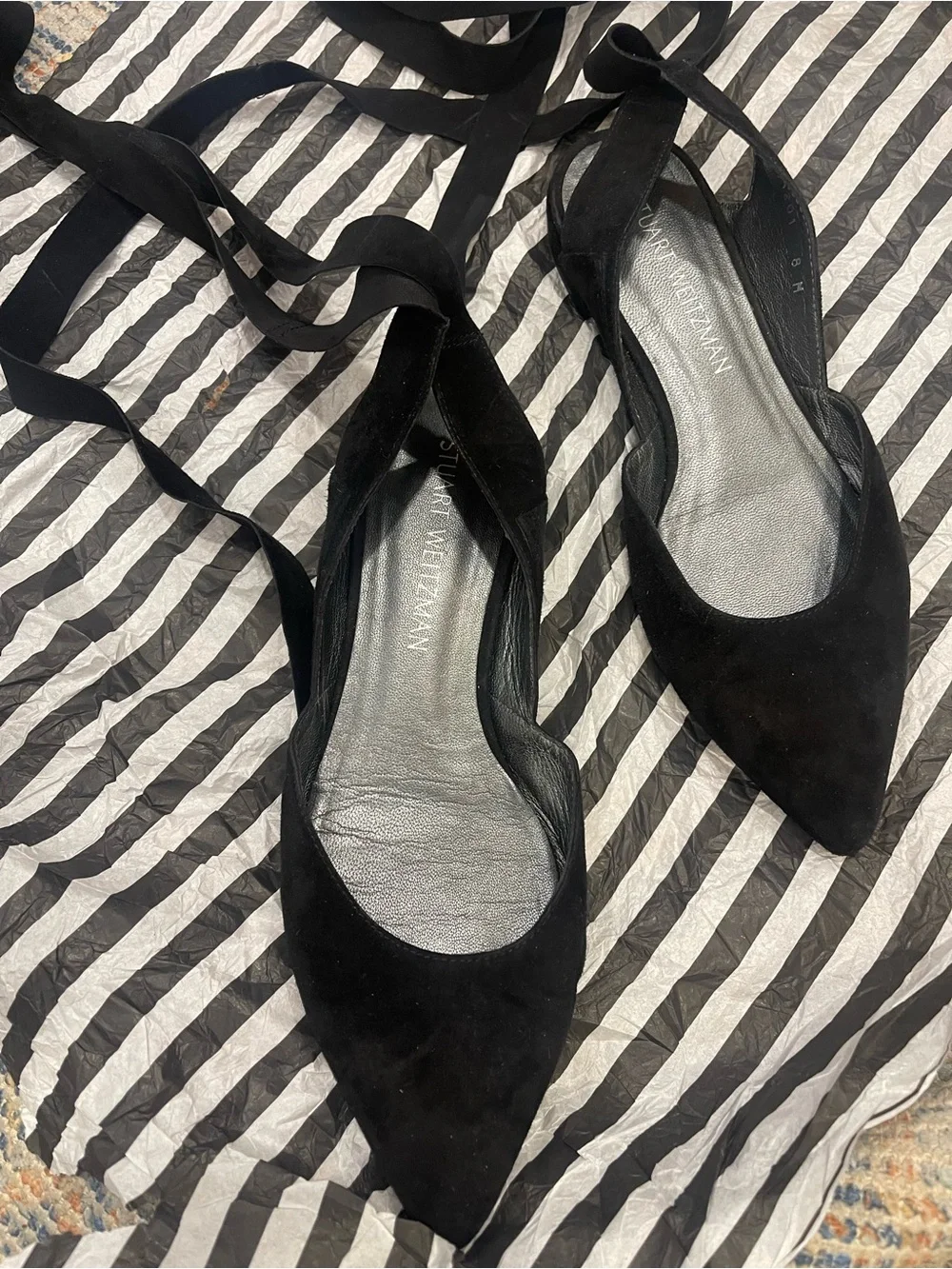 Stuart Weitzman Black Suede Pointed Tie-Back Flats with Ankle Ribbons - Picture 2 of 10